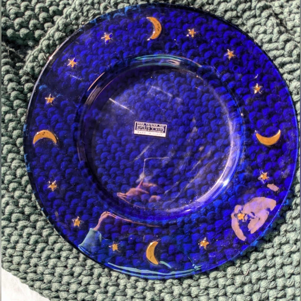 Vintage Cobalt Blue Tray celestial pattern 1990s gold painted accents